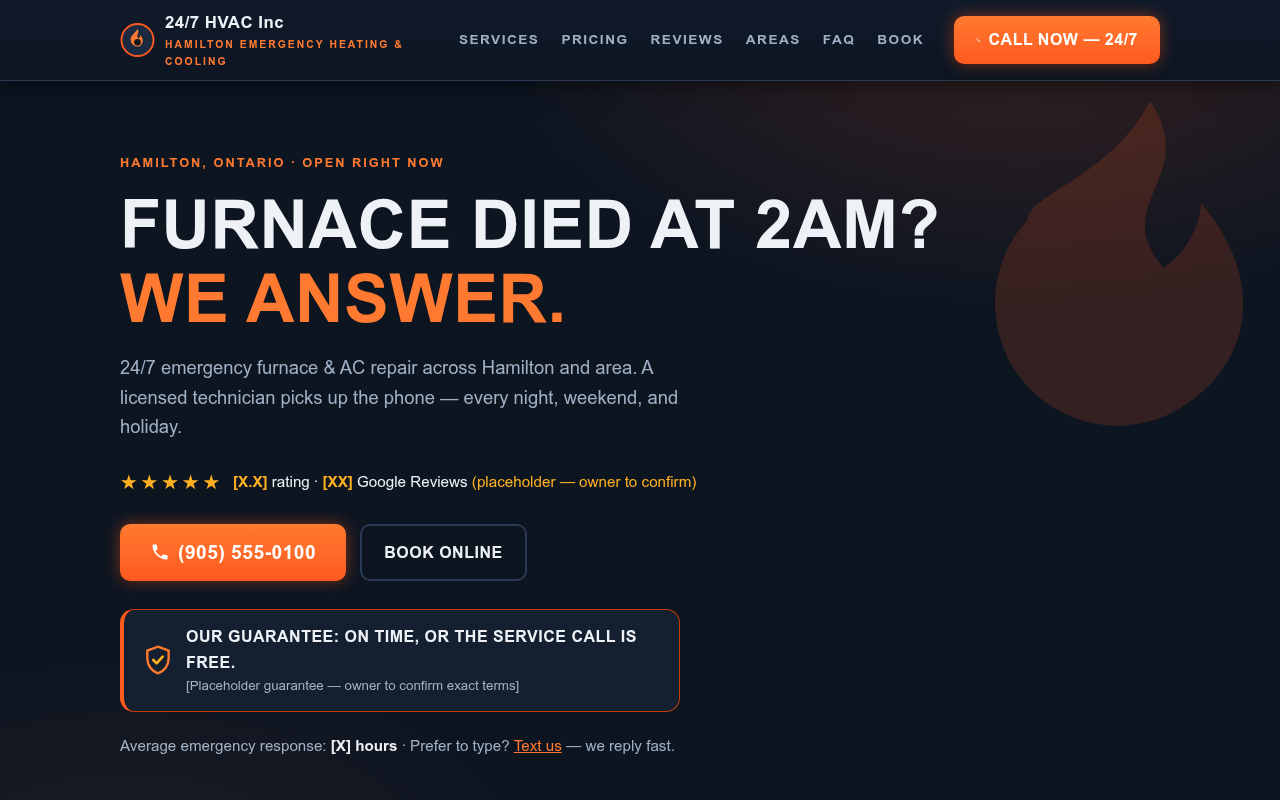 24/7 HVAC Inc website — dark emergency-service design