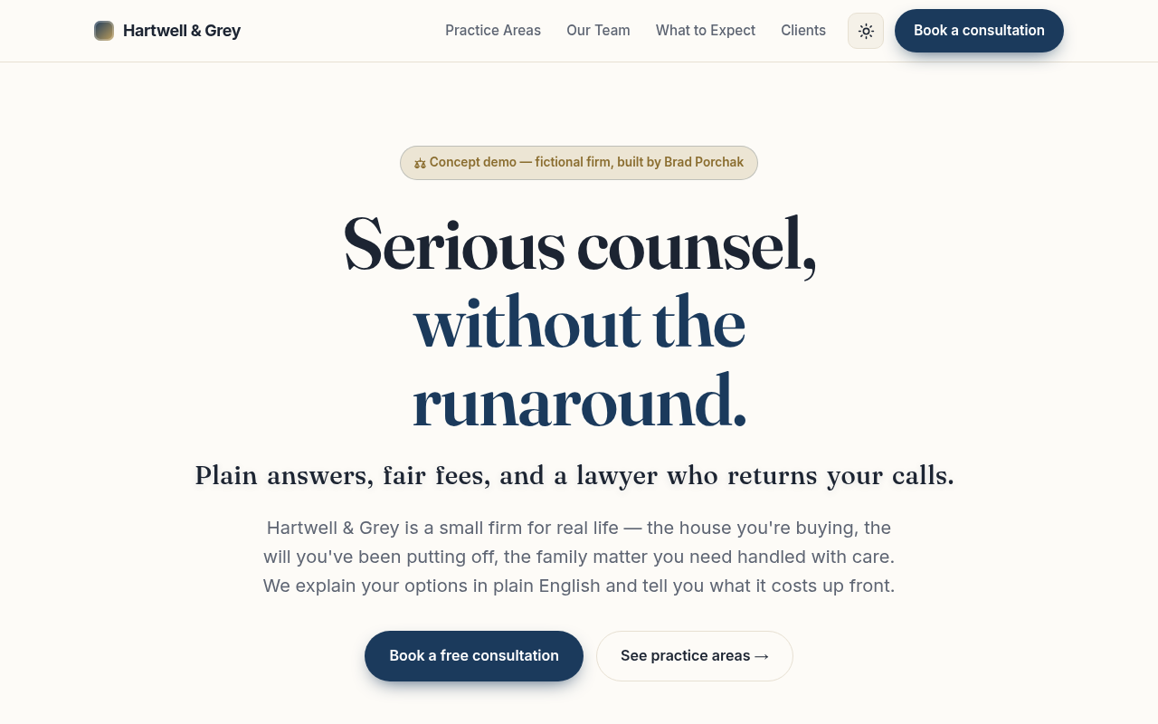 Hartwell & Grey law firm concept website — navy and brass design